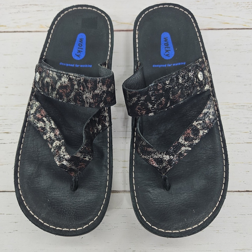 Wolky Tahiti Womens 6 EU 37 Black Leopard Leather Toe Post Sandals Adjustable - Picture 2 of 10